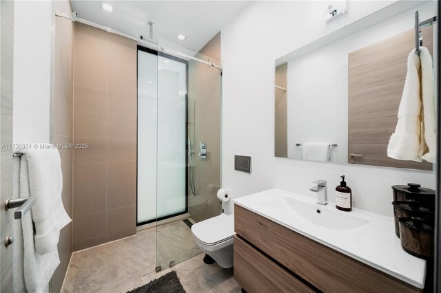 bathroom featuring an enclosed shower, vanity, tile patterned flooring, and toilet