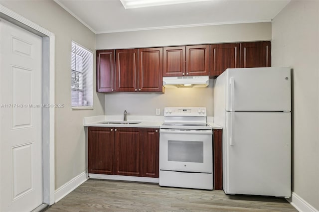 kitchen featuring white appliances, sink, and light wood-type flooring