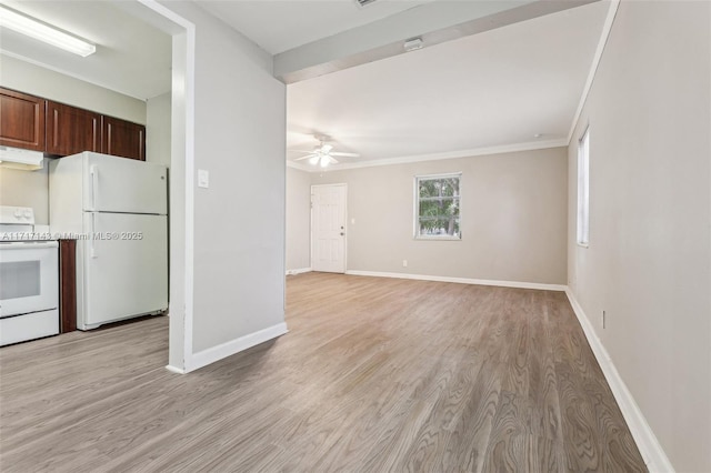 unfurnished living room with ceiling fan, ornamental molding, and light hardwood / wood-style floors