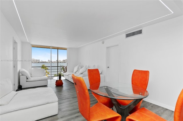 living room with expansive windows and hardwood / wood-style flooring