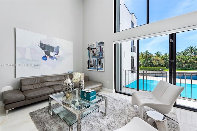 living room featuring a high ceiling