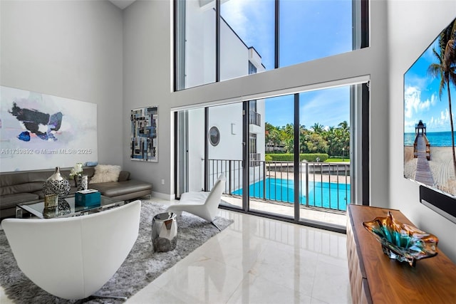 living room featuring a high ceiling