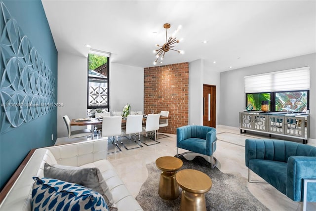 living room featuring a notable chandelier