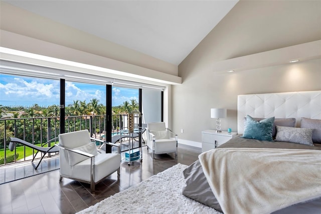 bedroom with dark hardwood / wood-style floors and high vaulted ceiling