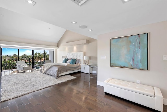 bedroom with lofted ceiling, dark hardwood / wood-style floors, and access to exterior