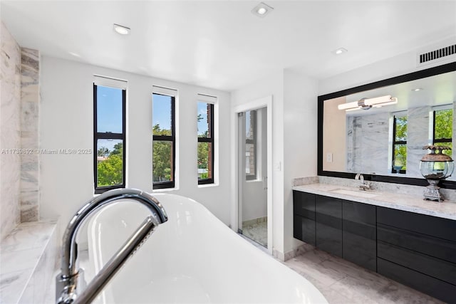 bathroom featuring vanity, a bathtub, and a wealth of natural light