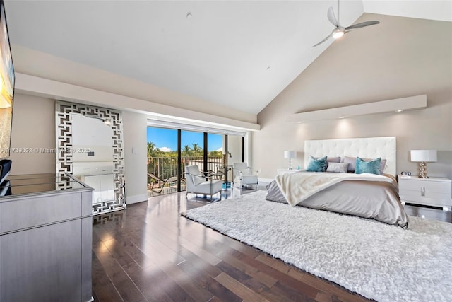 bedroom featuring ceiling fan, access to exterior, dark hardwood / wood-style flooring, and high vaulted ceiling