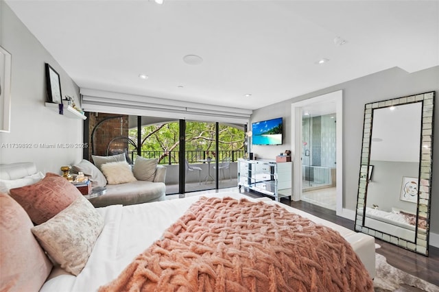 bedroom with dark wood-type flooring and access to outside