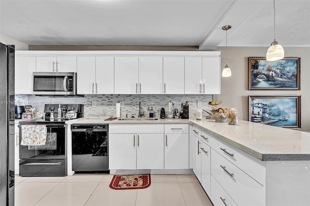 kitchen with black appliances, white cabinetry, sink, hanging light fixtures, and kitchen peninsula