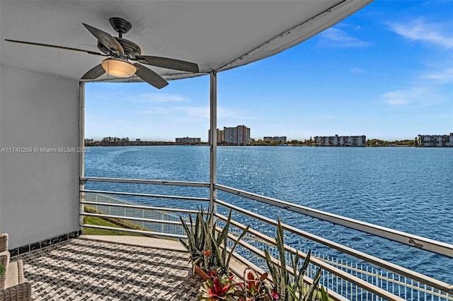 balcony featuring ceiling fan and a water view