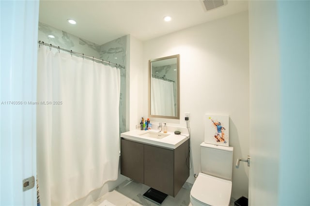 full bathroom with recessed lighting, visible vents, toilet, and vanity