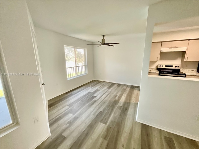 interior space featuring ceiling fan, light wood-type flooring, and electric stove