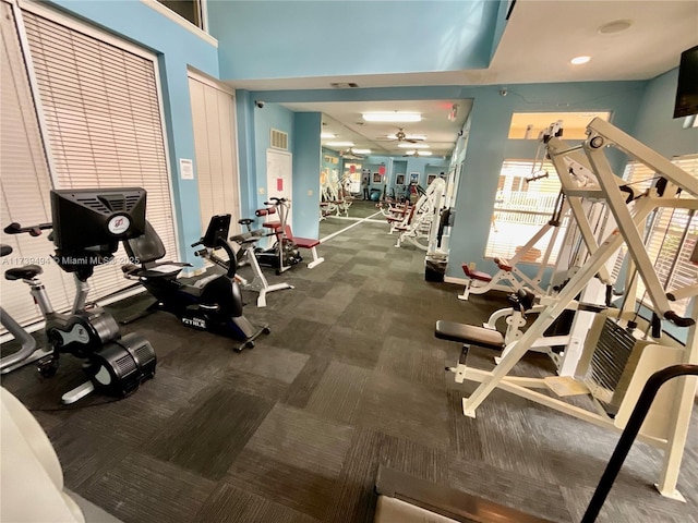 workout area featuring ceiling fan