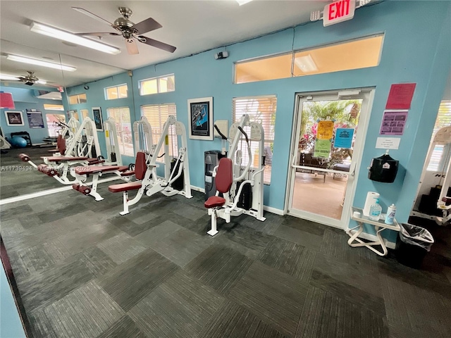 gym with carpet and ceiling fan