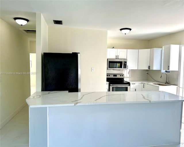 kitchen with sink, light stone counters, kitchen peninsula, stainless steel appliances, and white cabinets