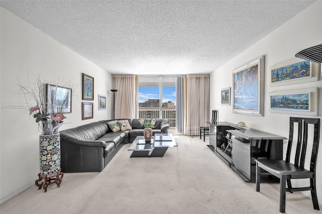 carpeted living room with a wall of windows and a textured ceiling