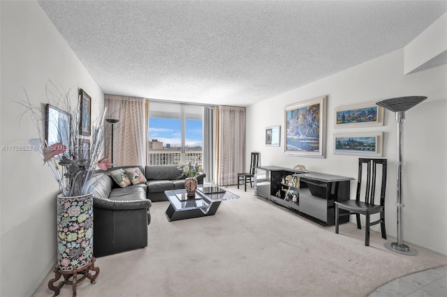 carpeted living room with expansive windows and a textured ceiling