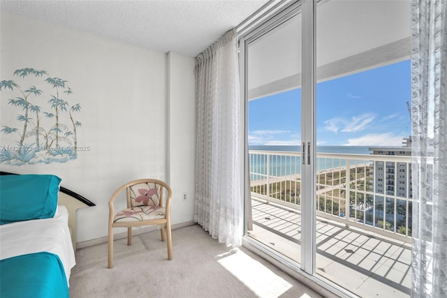 carpeted bedroom with a water view, a textured ceiling, and access to outside