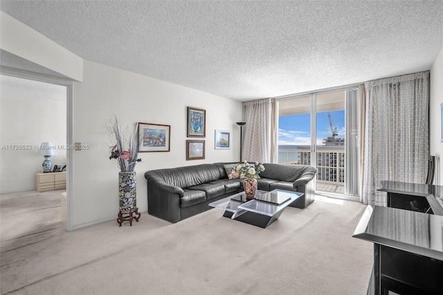 living room with carpet, a textured ceiling, and a wall of windows