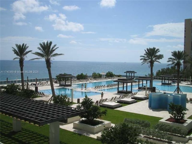 view of pool with a water view