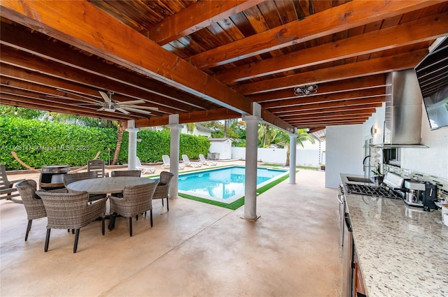 view of swimming pool featuring a patio and ceiling fan