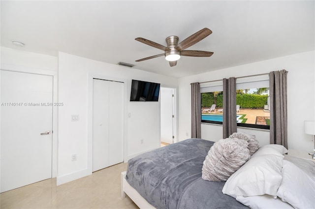 bedroom with ceiling fan and a closet