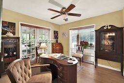 home office featuring ceiling fan, plenty of natural light, and wood-type flooring