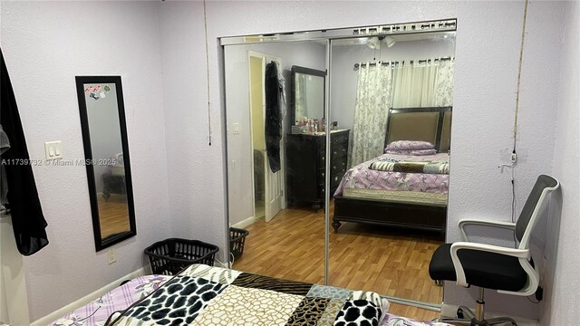 bedroom featuring wood-type flooring and a closet