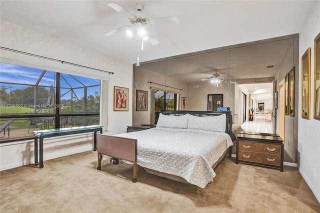 carpeted bedroom featuring a sunroom and baseboards