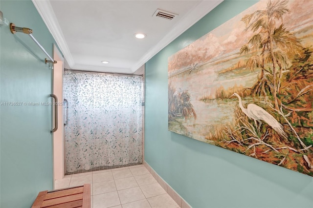 full bathroom featuring recessed lighting, visible vents, ornamental molding, tile patterned floors, and a stall shower