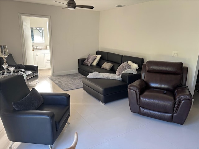 15281 SW 153rd St, Miami, FL 33187 - living room featuring baseboards, a ceiling fan, visible vents, and tile patterned floors