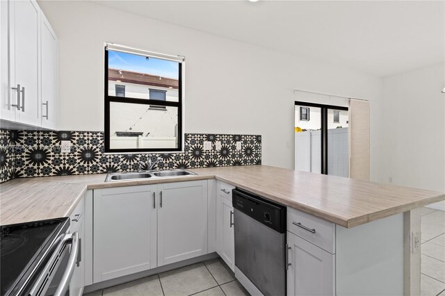 kitchen featuring sink, stainless steel appliances, kitchen peninsula, and white cabinets