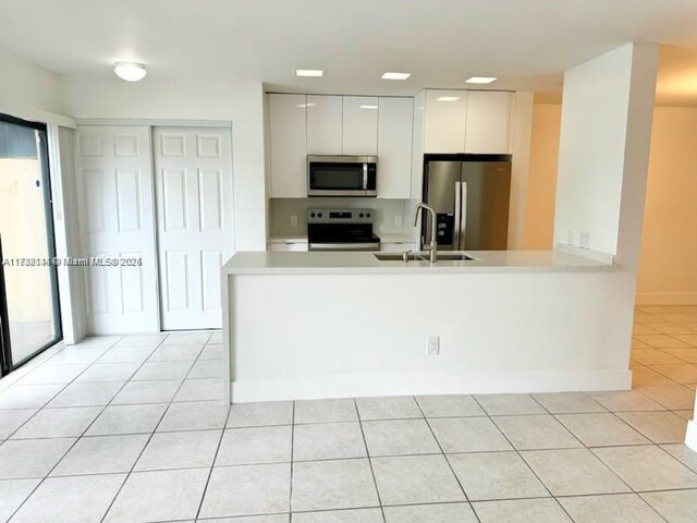 kitchen with light tile patterned flooring, white cabinetry, sink, kitchen peninsula, and stainless steel appliances