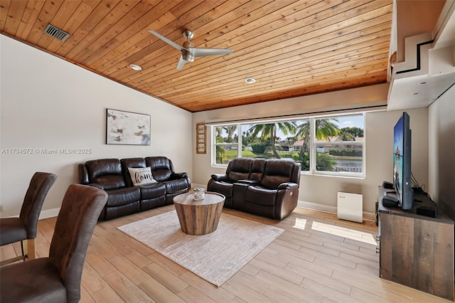 living room with ceiling fan, lofted ceiling, wood ceiling, and light wood-type flooring