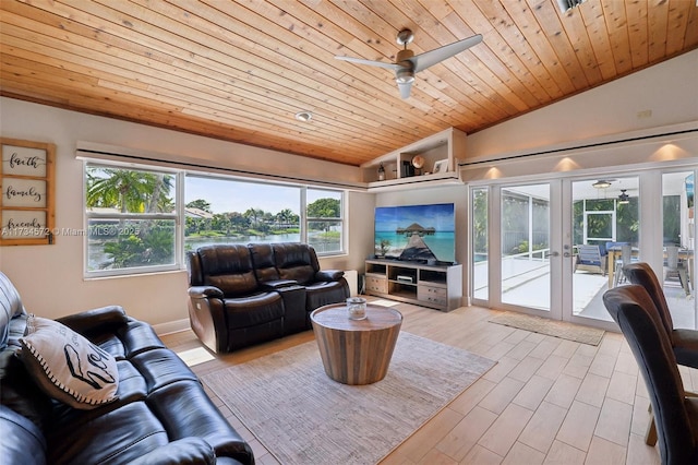 living room with vaulted ceiling, ceiling fan, light hardwood / wood-style floors, wooden ceiling, and french doors