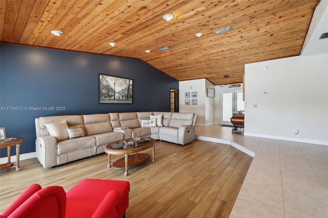 living room with vaulted ceiling, hardwood / wood-style floors, and wooden ceiling