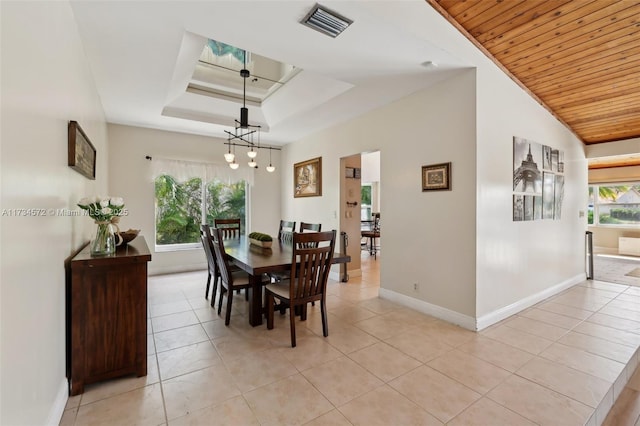 dining space with lofted ceiling, wooden ceiling, a raised ceiling, and light tile patterned flooring