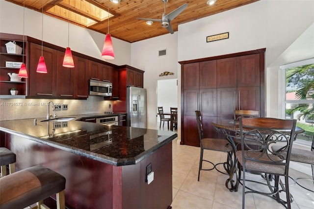 kitchen with sink, hanging light fixtures, wooden ceiling, kitchen peninsula, and stainless steel appliances