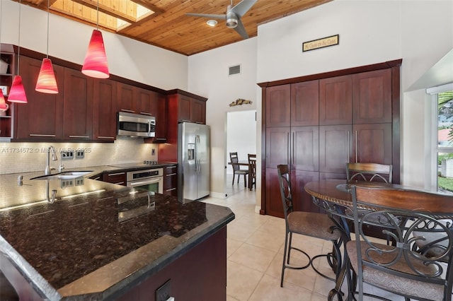 kitchen featuring sink, a skylight, stainless steel appliances, decorative light fixtures, and wooden ceiling