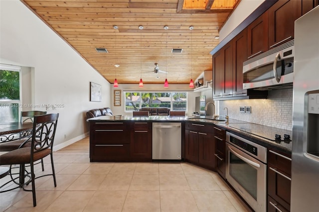 kitchen with tasteful backsplash, sink, wood ceiling, and appliances with stainless steel finishes