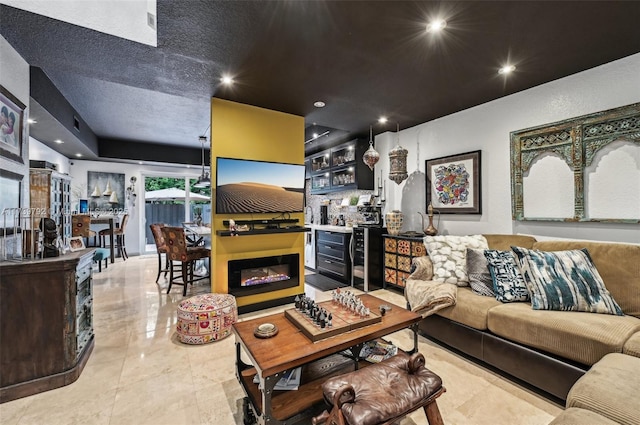 living room with indoor bar