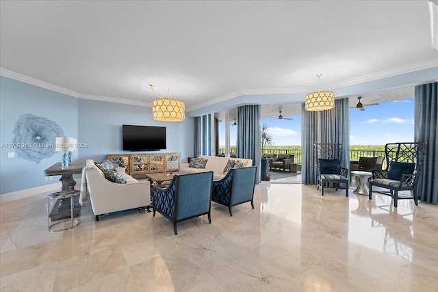 living area with marble finish floor, baseboards, and crown molding