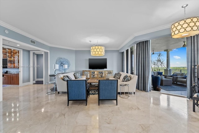 living room featuring marble finish floor, baseboards, visible vents, and crown molding