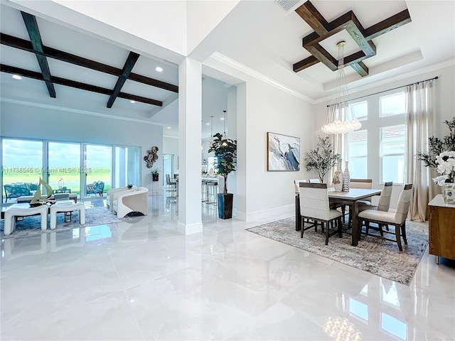 dining area featuring a notable chandelier, coffered ceiling, beam ceiling, and a high ceiling