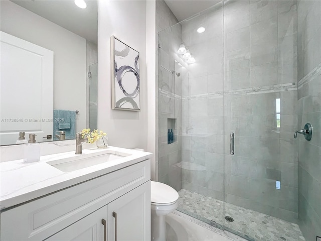 bathroom featuring vanity, toilet, and walk in shower