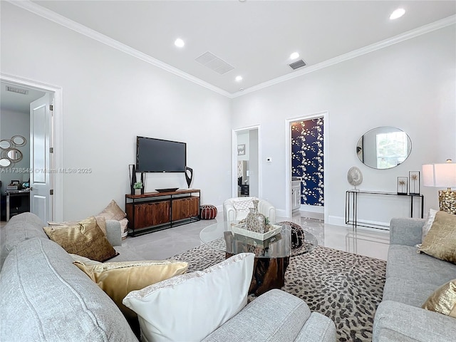 living room with crown molding