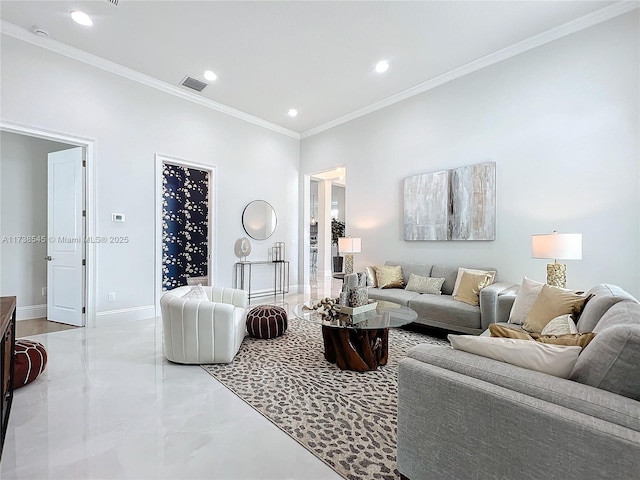 living room with ornamental molding