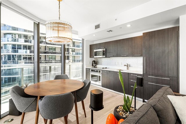 kitchen with floor to ceiling windows, sink, tasteful backsplash, light wood-type flooring, and stainless steel appliances