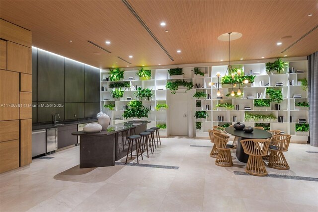 interior space featuring sink, wood ceiling, and built in features