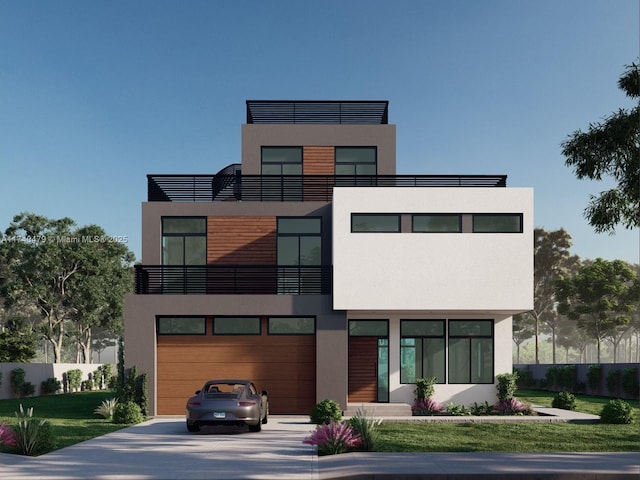 contemporary house with a garage and a balcony